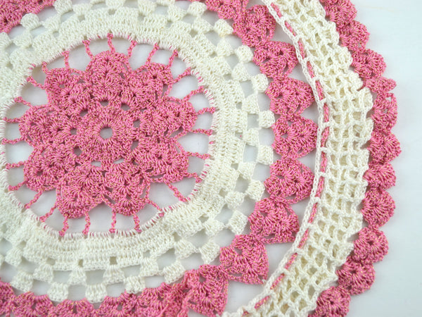 Vintage Hand Crochet Round Doily Off White Pink and Gold Metallic