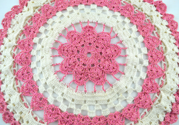 Vintage Hand Crochet Round Doily Off White Pink and Gold Metallic
