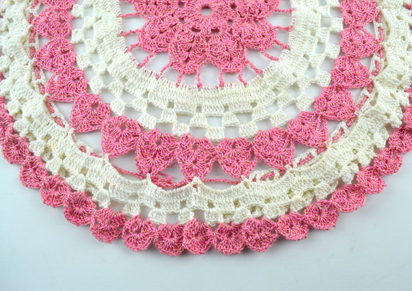Vintage Hand Crochet Round Doily Off White Pink and Gold Metallic