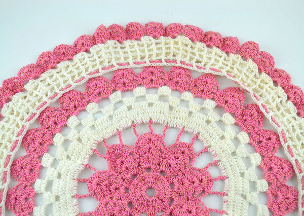 Vintage Hand Crochet Round Doily Off White Pink and Gold Metallic