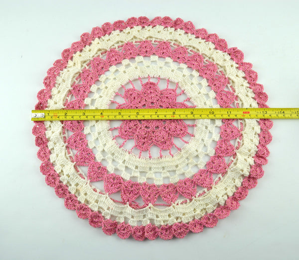 Vintage Hand Crochet Round Doily Off White Pink and Gold Metallic