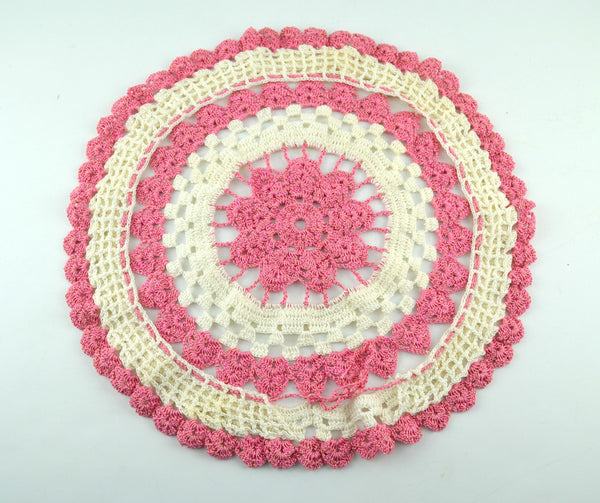 Vintage Hand Crochet Round Doily Off White Pink and Gold Metallic