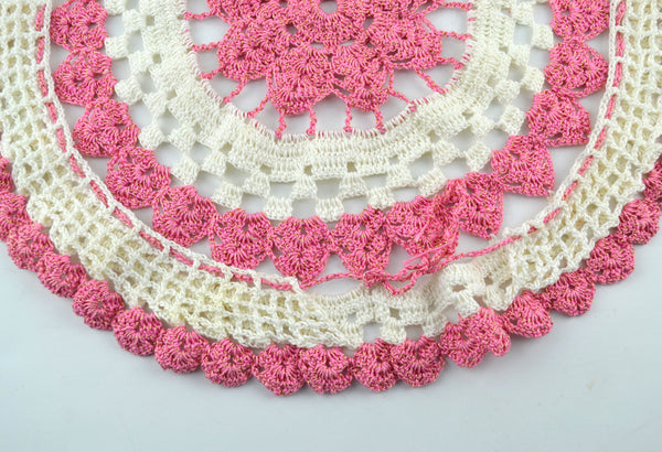 Vintage Hand Crochet Round Doily Off White Pink and Gold Metallic