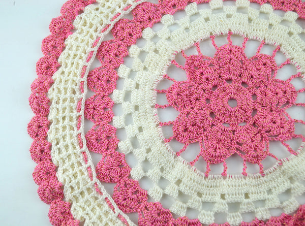 Vintage Hand Crochet Round Doily Off White Pink and Gold Metallic
