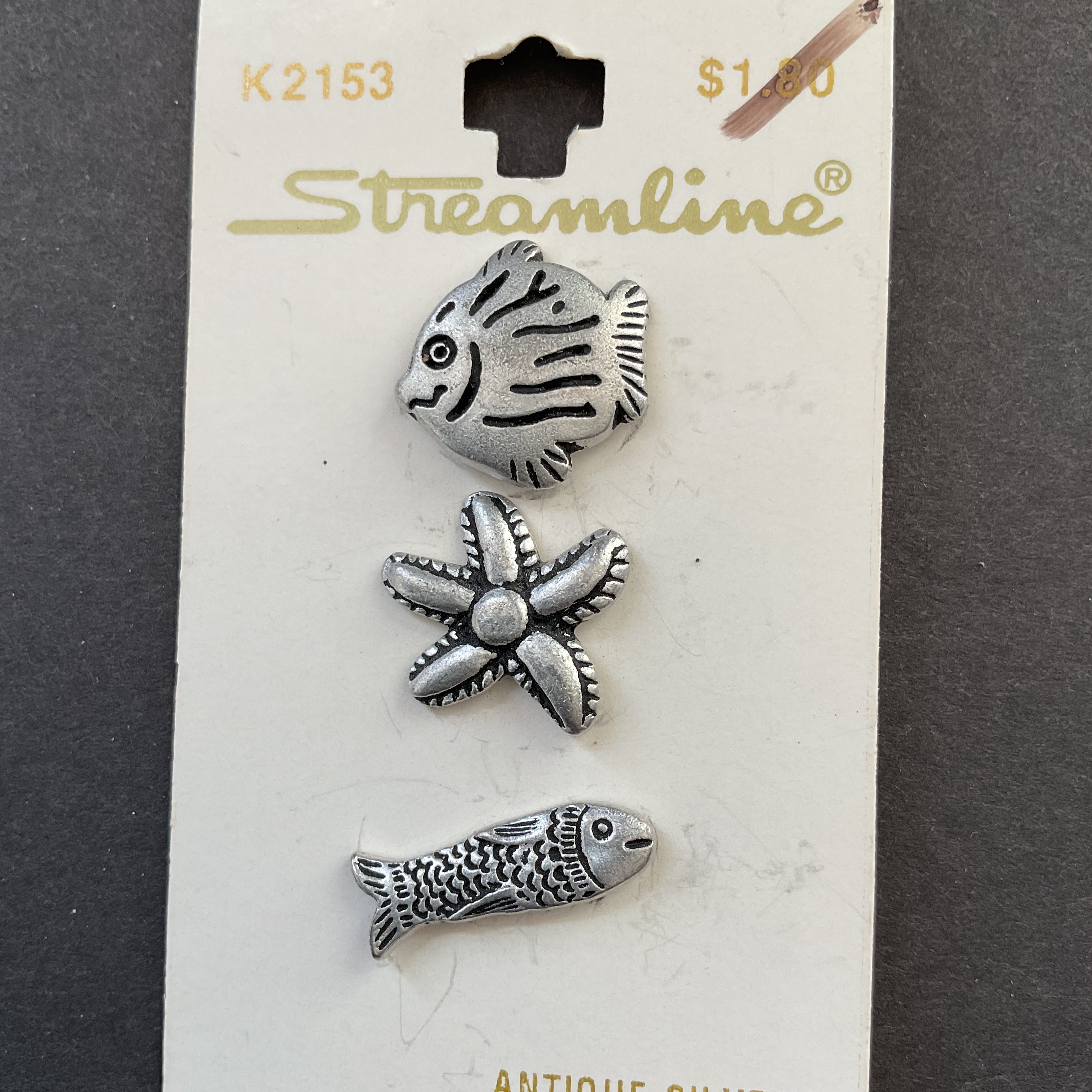 Novelty Shank Buttons Fish Starfish Silver Streamline 3/4 on Card - Avid Vintage