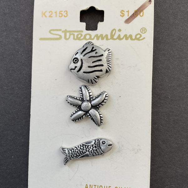 Novelty Shank Buttons Fish Starfish Silver Streamline 3/4 on Card