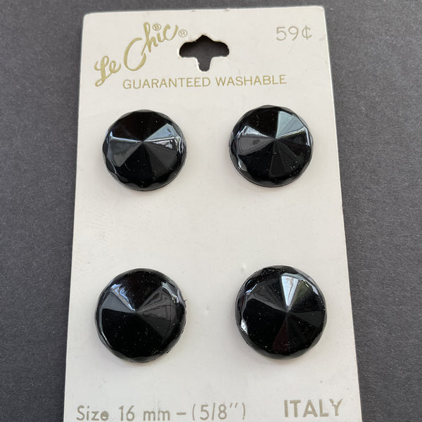 Vintage Shank Buttons Le Chic 464 Faceted Black 5/8 on Card 4 Count