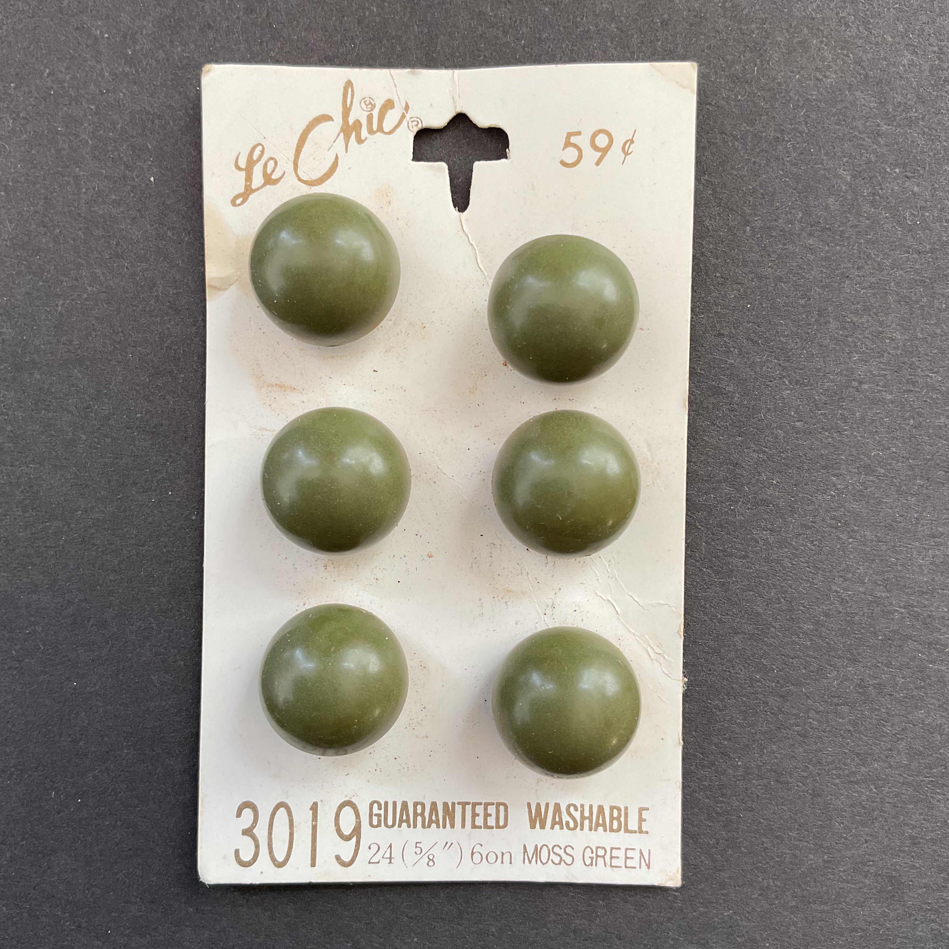 Vintage Le Chic Moss Green Shank Buttons 6 on Card - Avid Vintage