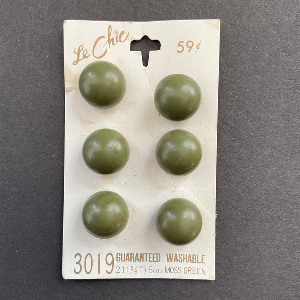 Vintage Le Chic Moss Green Shank Buttons 6 on Card