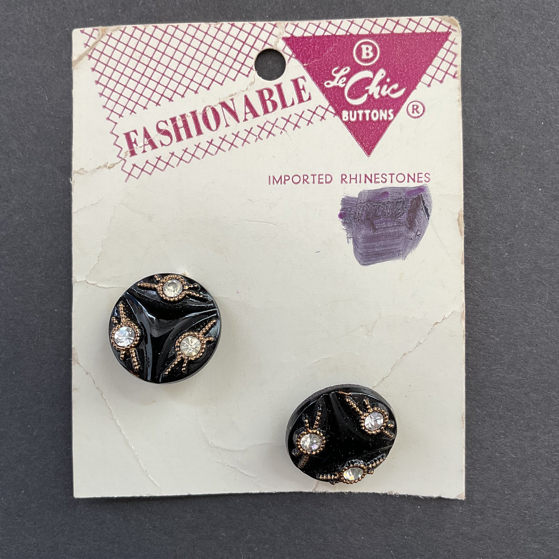 Vintage Le Chic Black Rhinestone Shank Buttons 2 on Card - Avid Vintage