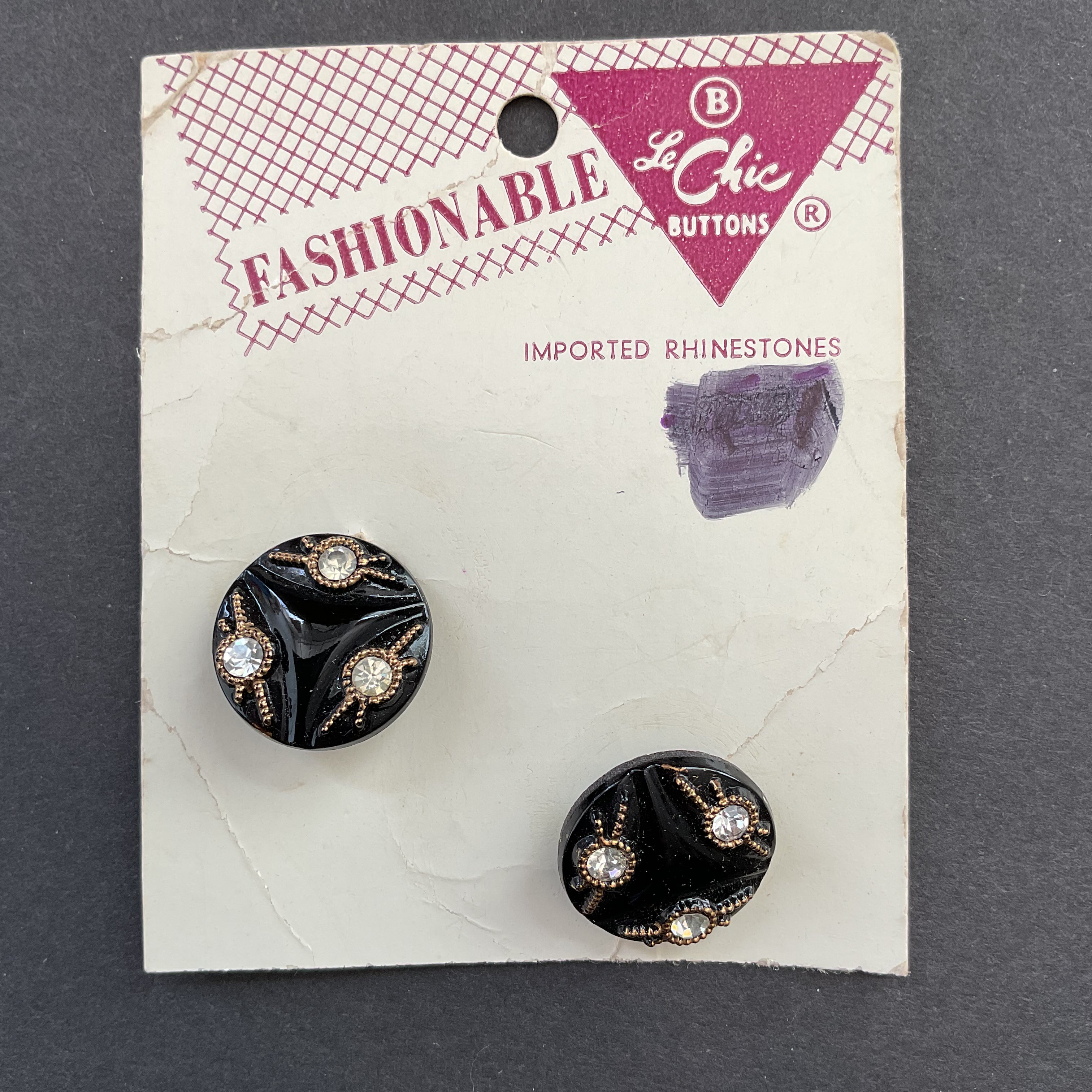 Vintage Le Chic Black Rhinestone Shank Buttons 2 on Card - Avid Vintage