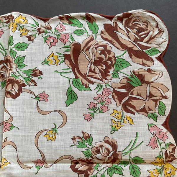 Vintage Brown Roses Pink and Yellow Floral Printed Ladies Hankie Green Leaves