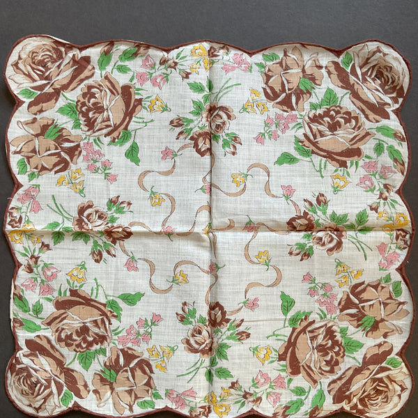 Vintage Brown Roses Pink and Yellow Floral Printed Ladies Hankie Green Leaves