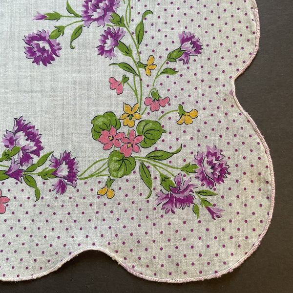 Vintage Floral Printed Hankie Huge Purple Flower Gray Scalloped Polka Dot Border