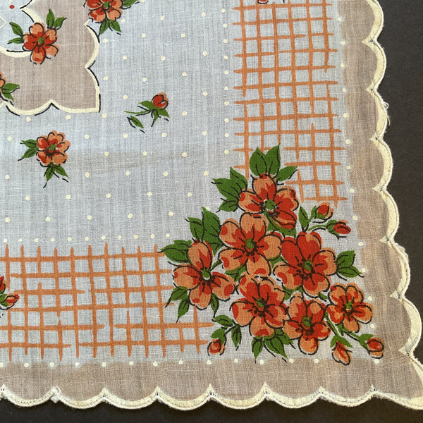 Vintage Hankie Orange Flowers on Tan and White Floral Printed Ladies Handkerchief