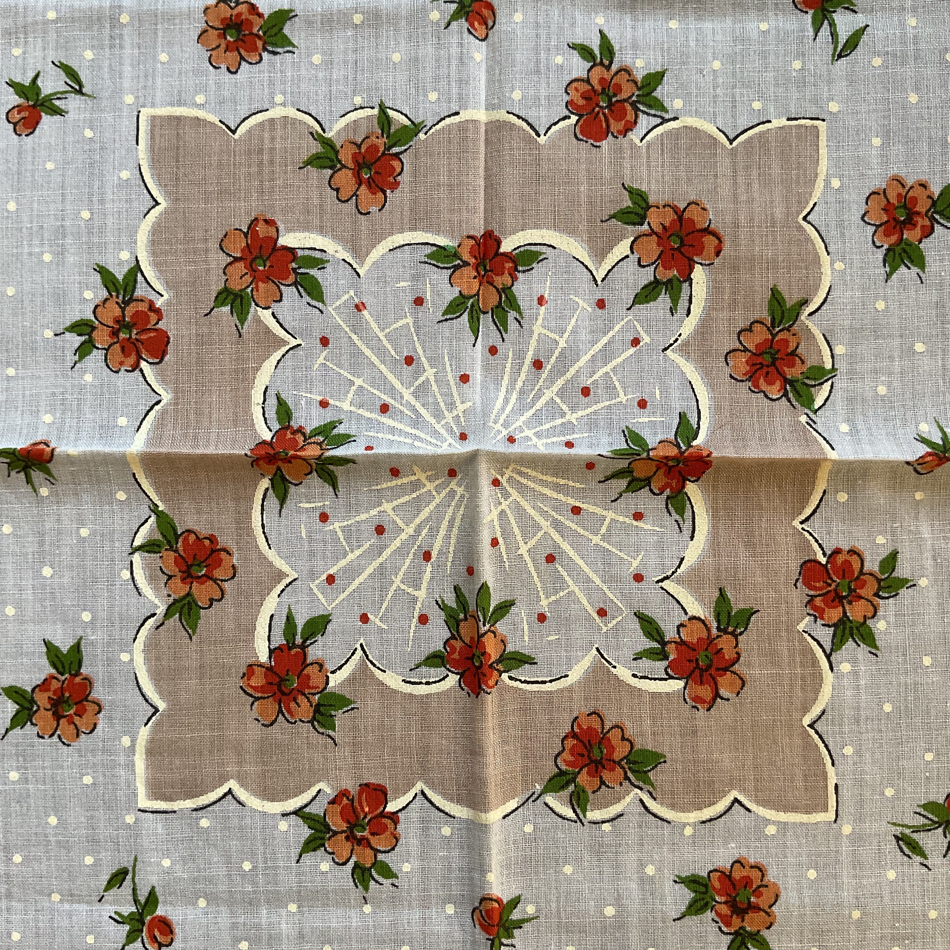 Vintage Hankie Orange Flowers on Tan and White Floral Printed Ladies Handkerchief