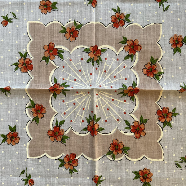 Vintage Hankie Orange Flowers on Tan and White Floral Printed Ladies Handkerchief