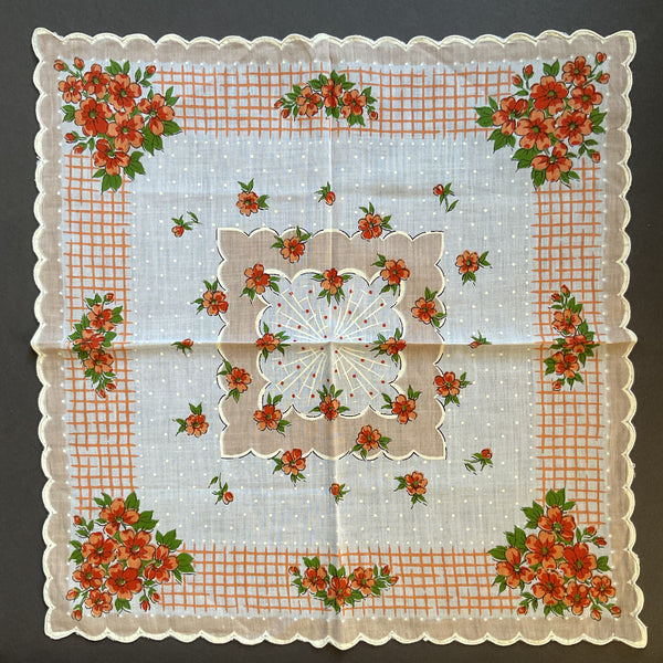 Vintage Hankie Orange Flowers on Tan and White Floral Printed Ladies Handkerchief