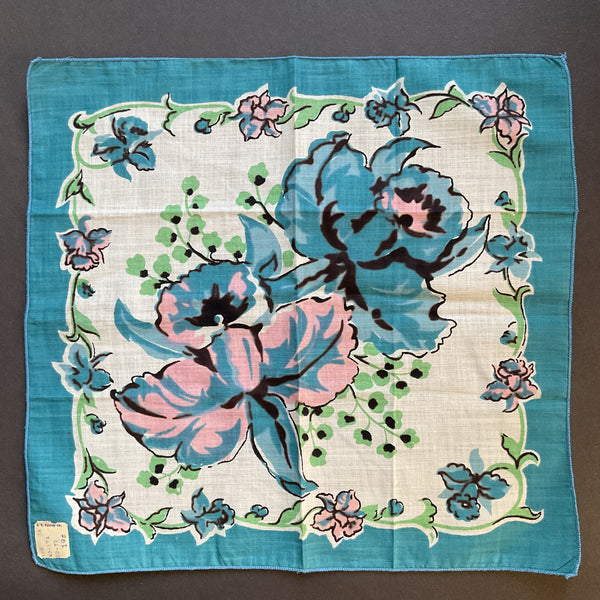Vintage Ladies Handkerchief Blue and Pink Flowers on White Floral Printed Hankie with Tag