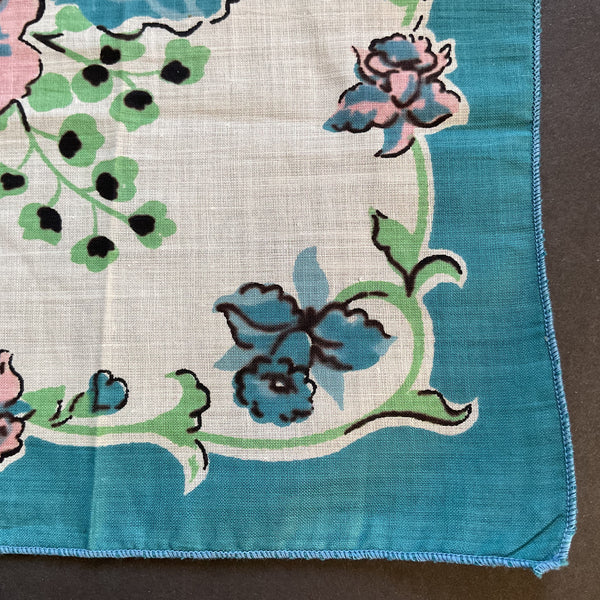 Vintage Ladies Handkerchief Blue and Pink Flowers on White Floral Printed Hankie with Tag
