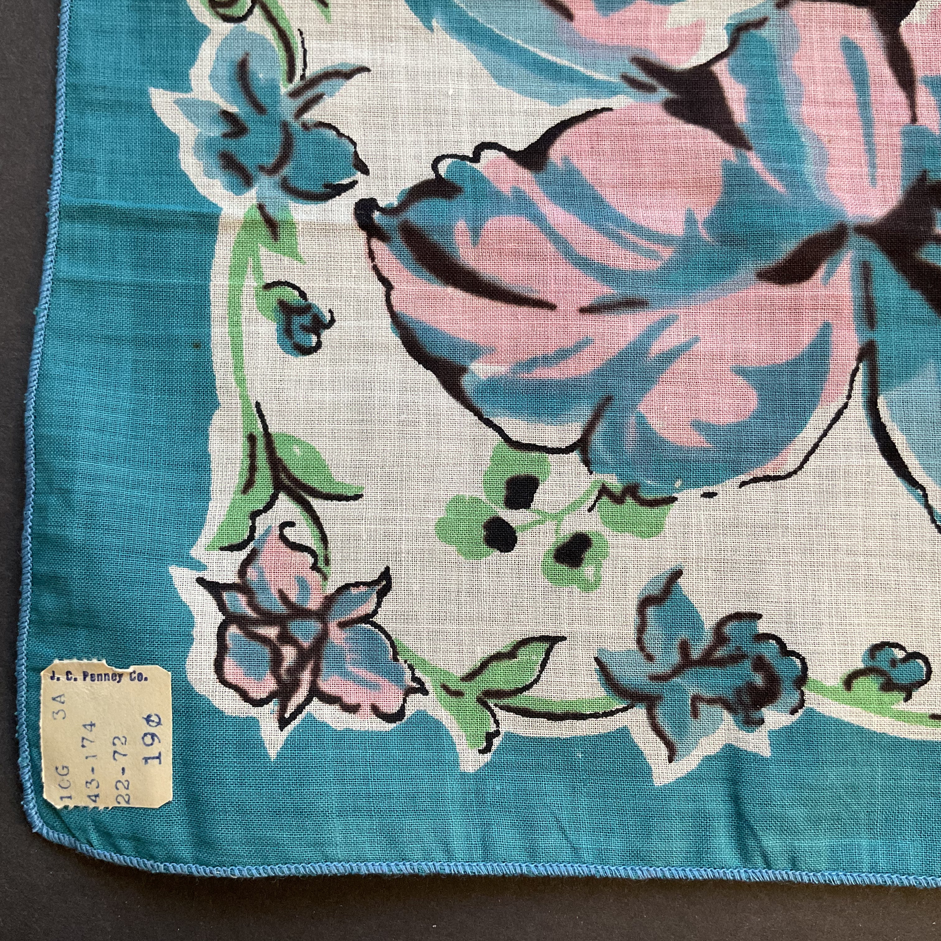 Vintage Ladies Handkerchief Blue and Pink Flowers on White Floral Printed Hankie with Tag - Avid Vintage