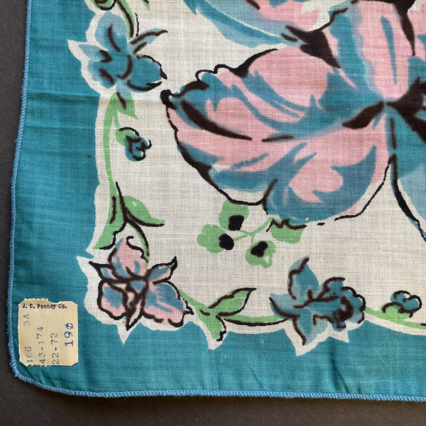 Vintage Ladies Handkerchief Blue and Pink Flowers on White Floral Printed Hankie with Tag