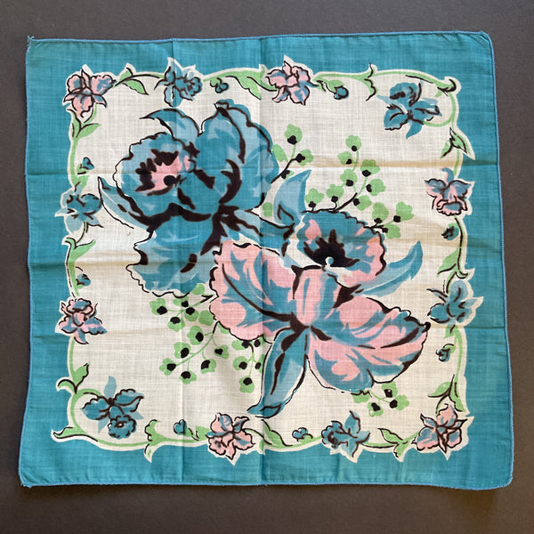 Vintage Ladies Handkerchief Blue and Pink Flowers on White Floral Printed Hankie with Tag