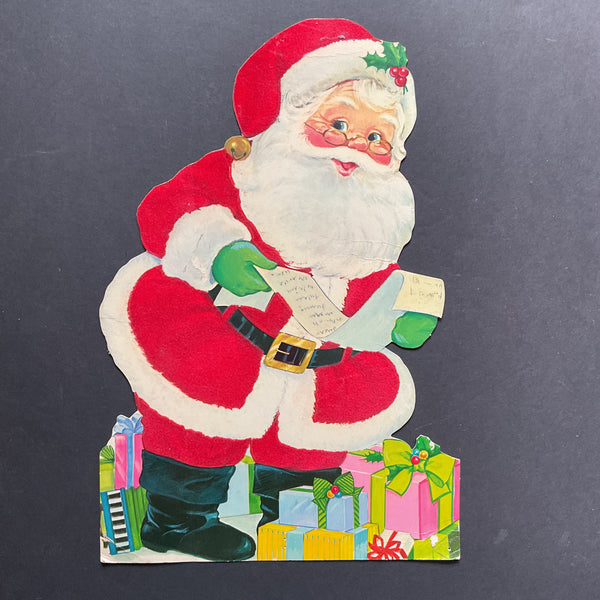 Vintage 1970s Die Cut Flocked Santa Paper Christmas Decoration