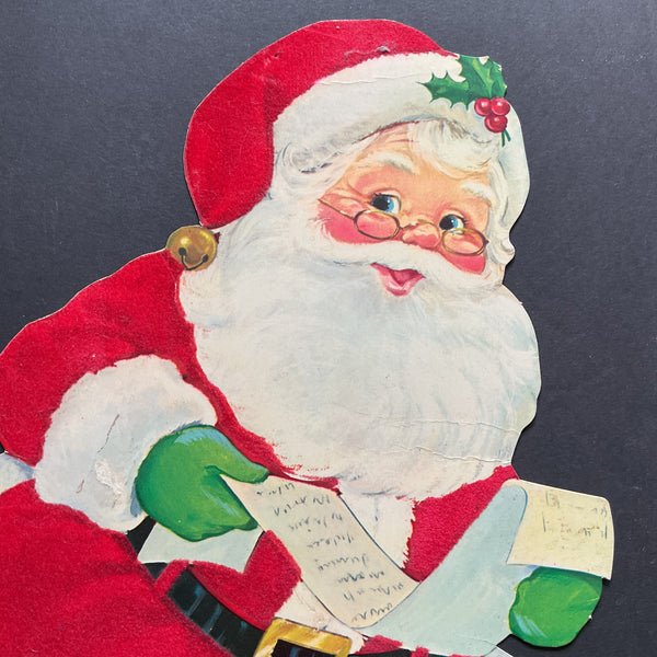 Vintage 1970s Die Cut Flocked Santa Paper Christmas Decoration