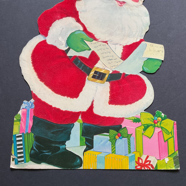 Vintage 1970s Die Cut Flocked Santa Paper Christmas Decoration