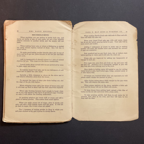 Vintage 1920s Cookbook KMA Radio Recipes Shenandoah Iowa