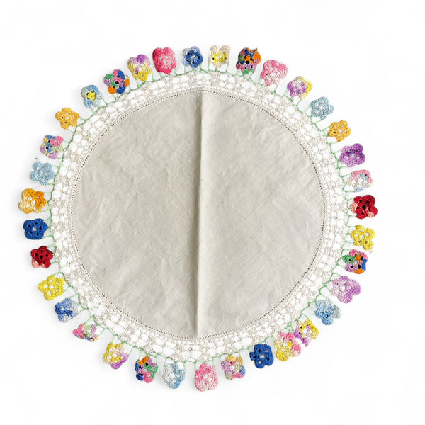 Vintage Hand Crochet Round Doily Variegated Flower Edge