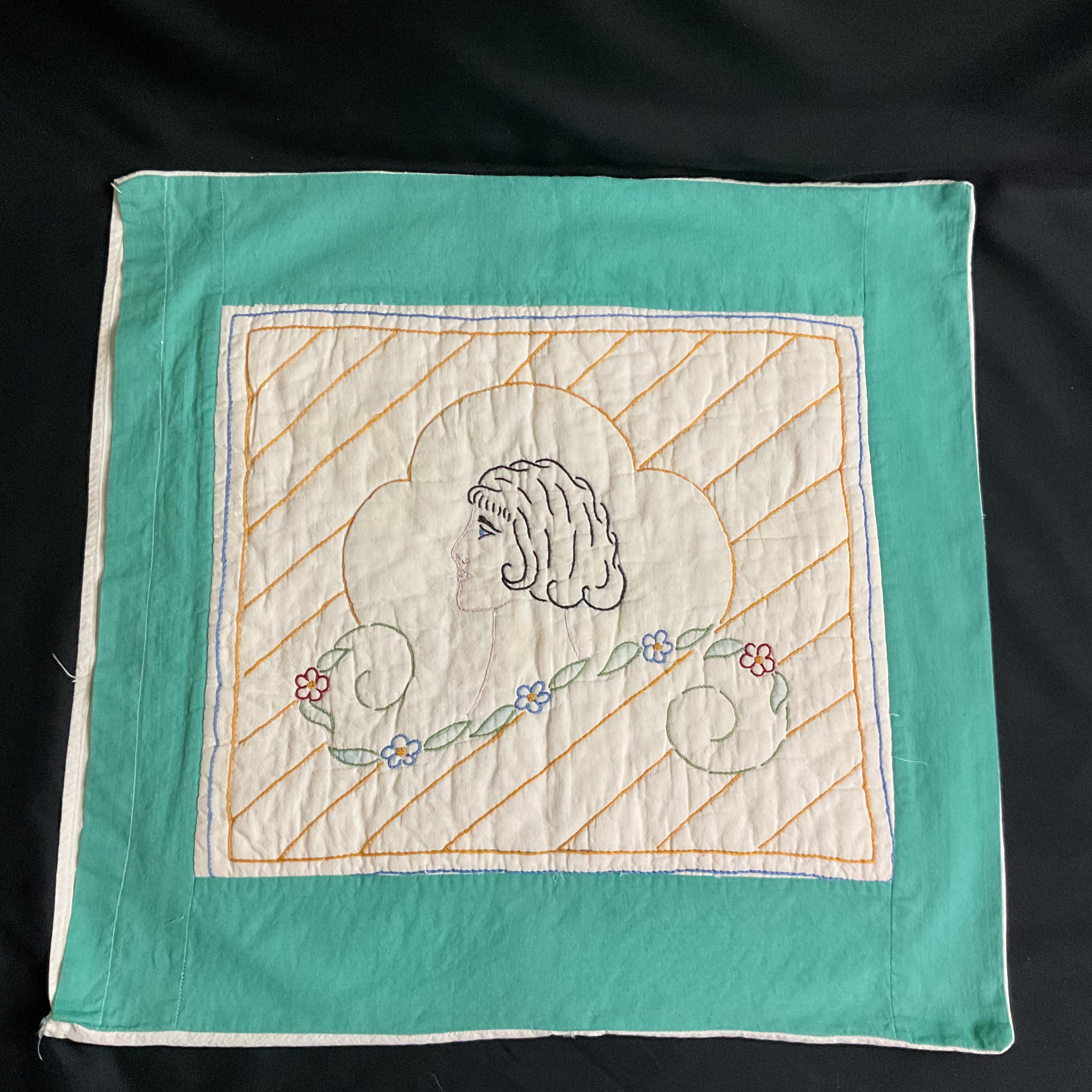 Vintage 1930s Hand Embroidered Pillow Cover Beautiful Lady 19x19 - Avid Vintage