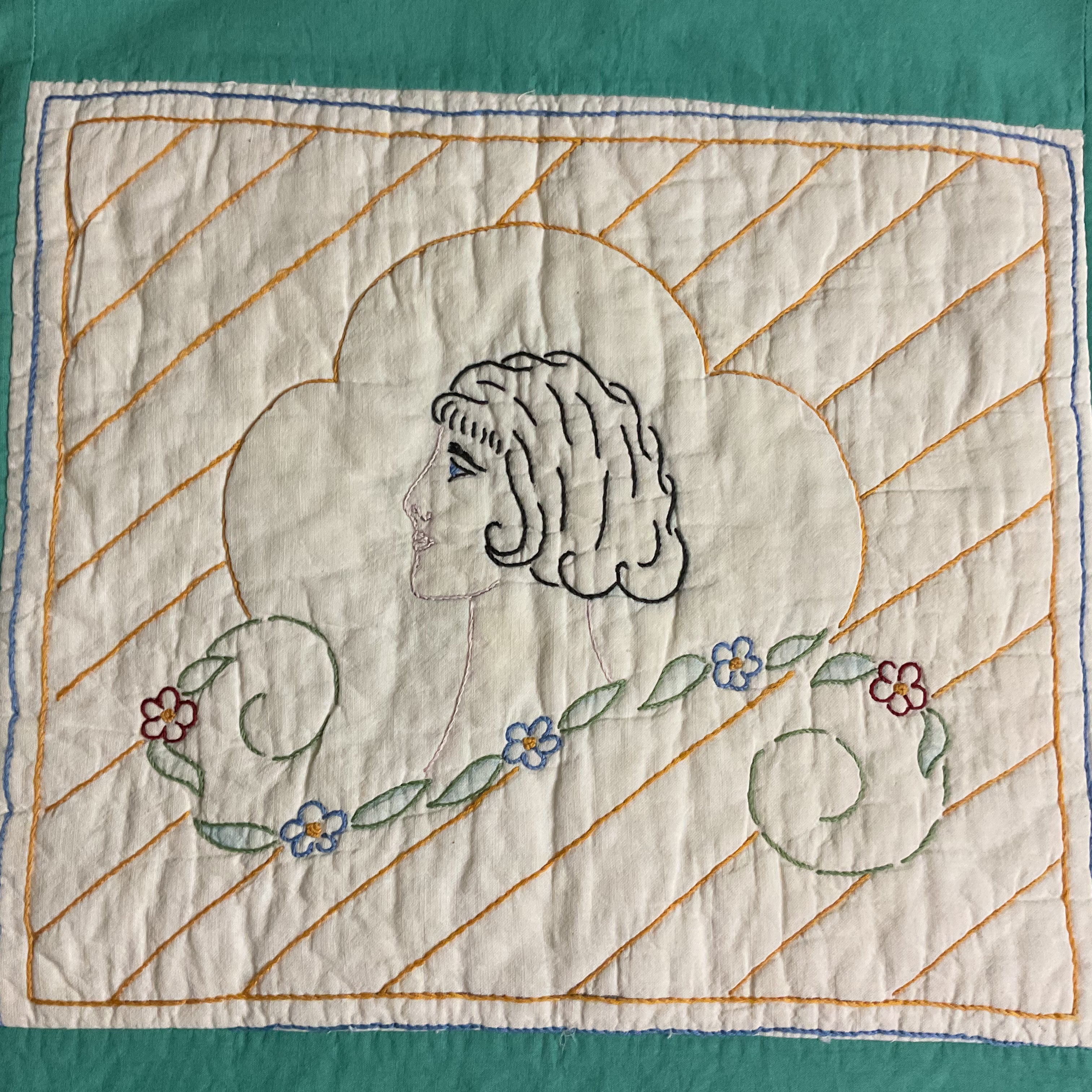 Vintage 1930s Hand Embroidered Pillow Cover Beautiful Lady 19x19 - Avid Vintage