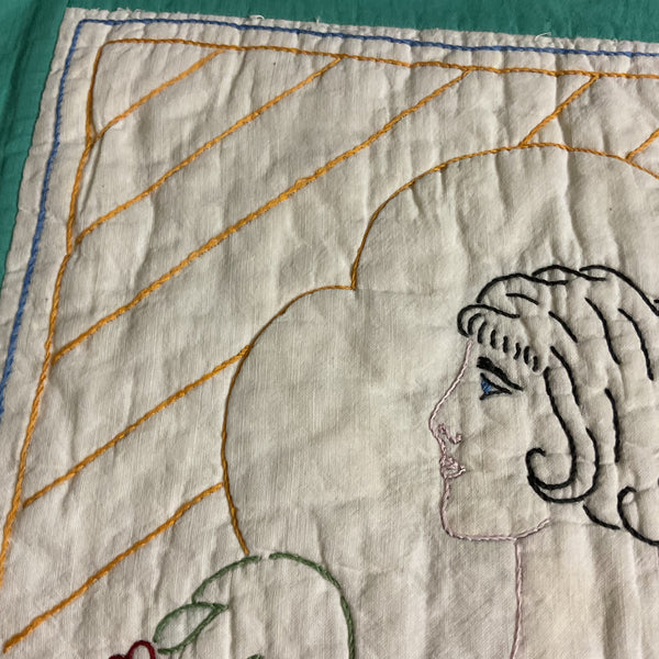 Vintage 1930s Hand Embroidered Pillow Cover Beautiful Lady 19x19