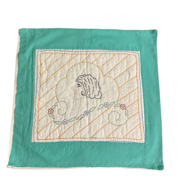 Vintage 1930s Hand Embroidered Pillow Cover Beautiful Lady 19x19