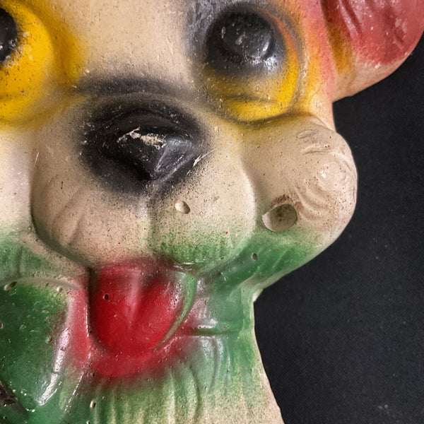 Vintage Chalkware Puppy Floppy Ears Dog Green Bow Glitter Accents