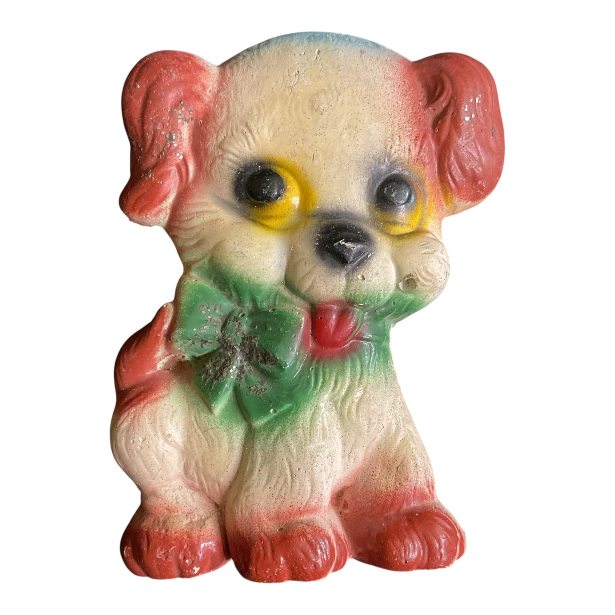 Vintage Chalkware Puppy Floppy Ears Dog Green Bow Glitter Accents