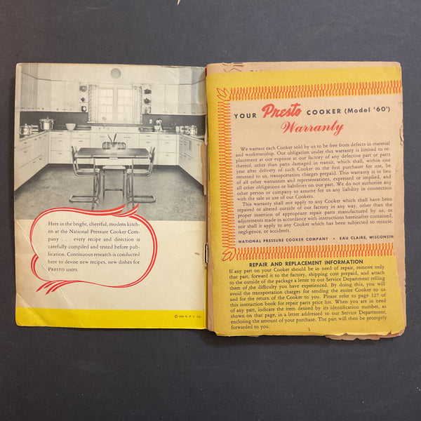 Vintage 1946 Cookbook Presto Pressure Cooker Recipe Book
