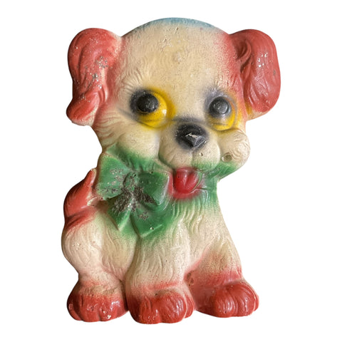 Vintage Chalkware Puppy Floppy Ears Dog Green Bow Glitter Accents