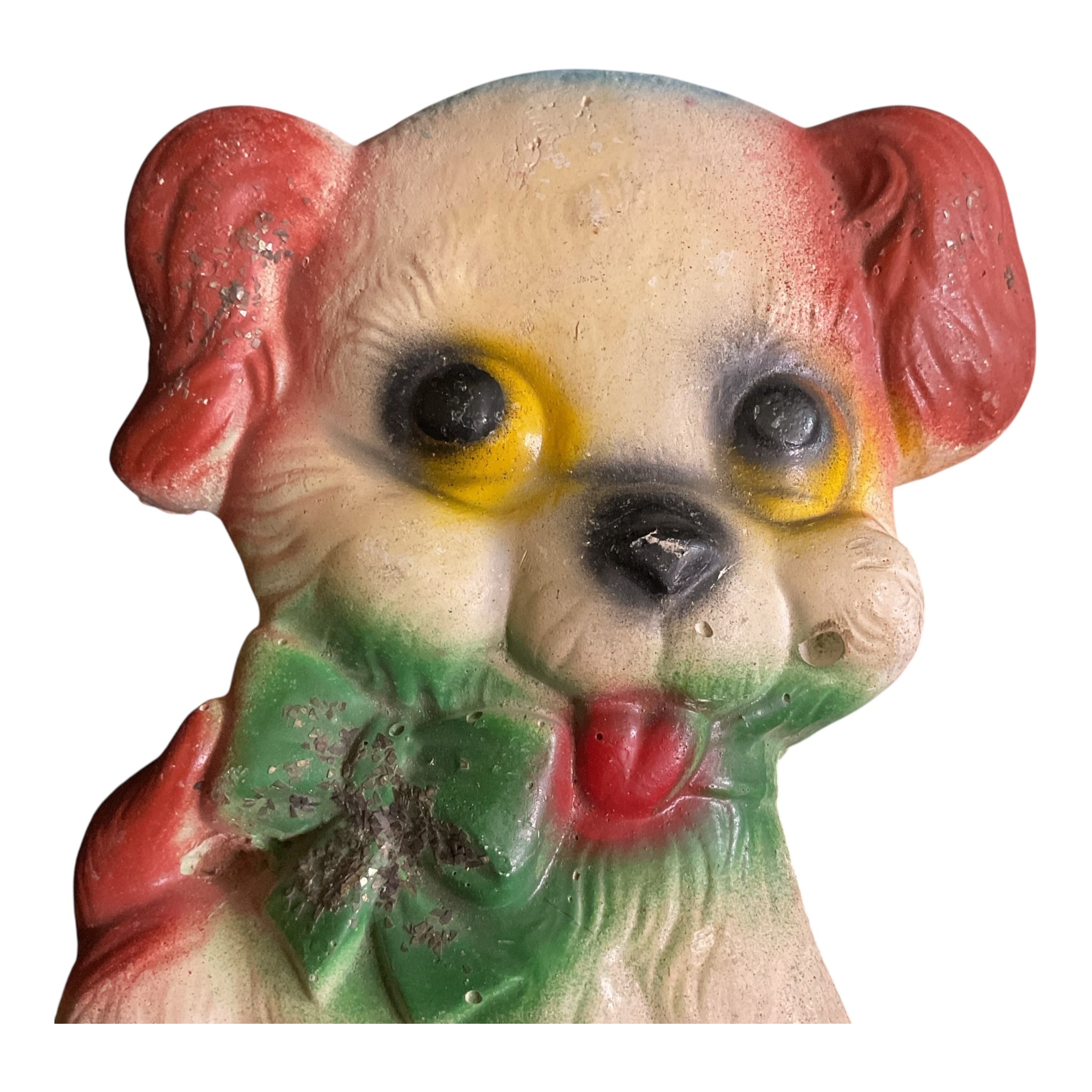 Vintage Chalkware Puppy Floppy Ears Dog Green Bow Glitter Accents