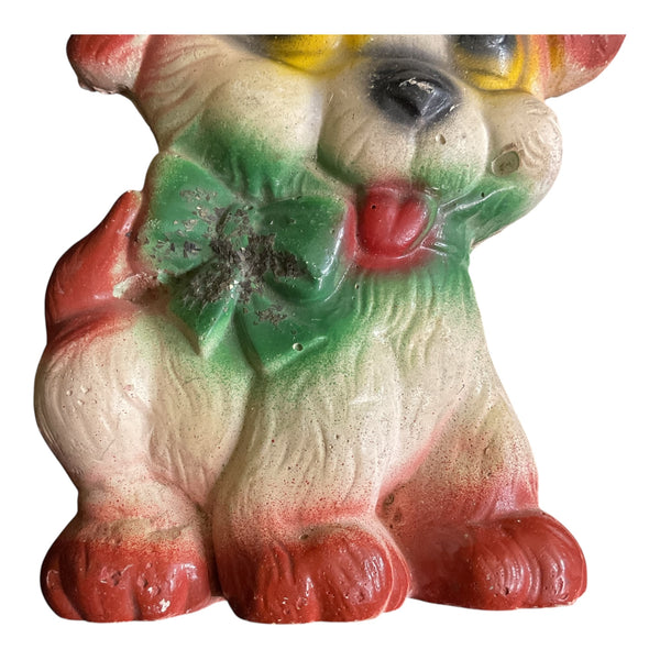 Vintage Chalkware Puppy Floppy Ears Dog Green Bow Glitter Accents