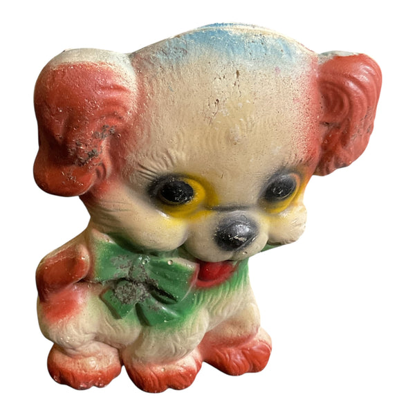 Vintage Chalkware Puppy Floppy Ears Dog Green Bow Glitter Accents