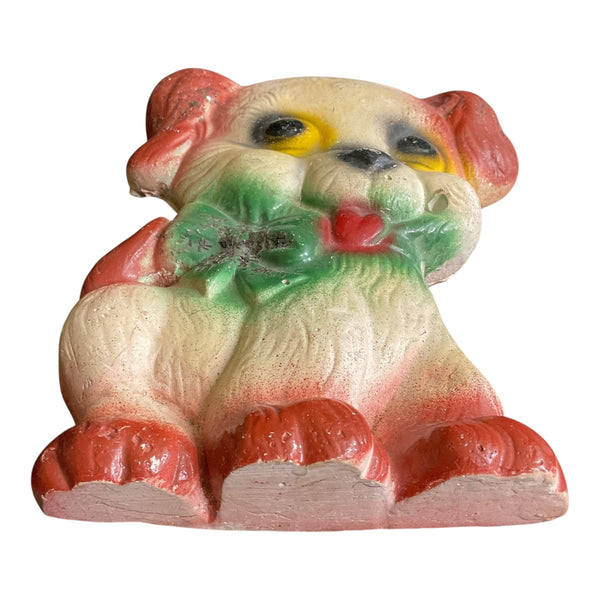 Vintage Chalkware Puppy Floppy Ears Dog Green Bow Glitter Accents