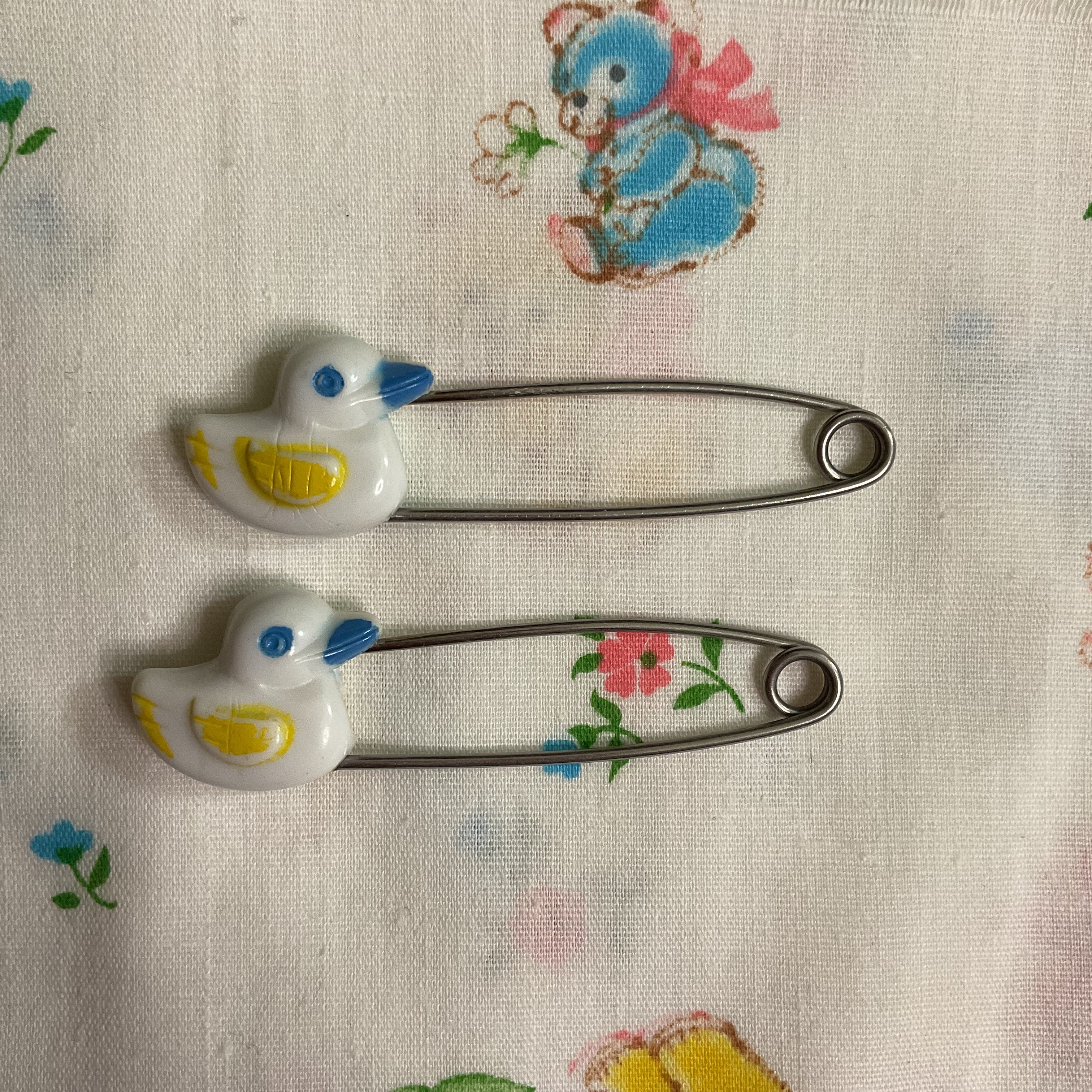 2 Vintage Baby Diaper Pins White Ducks Japan