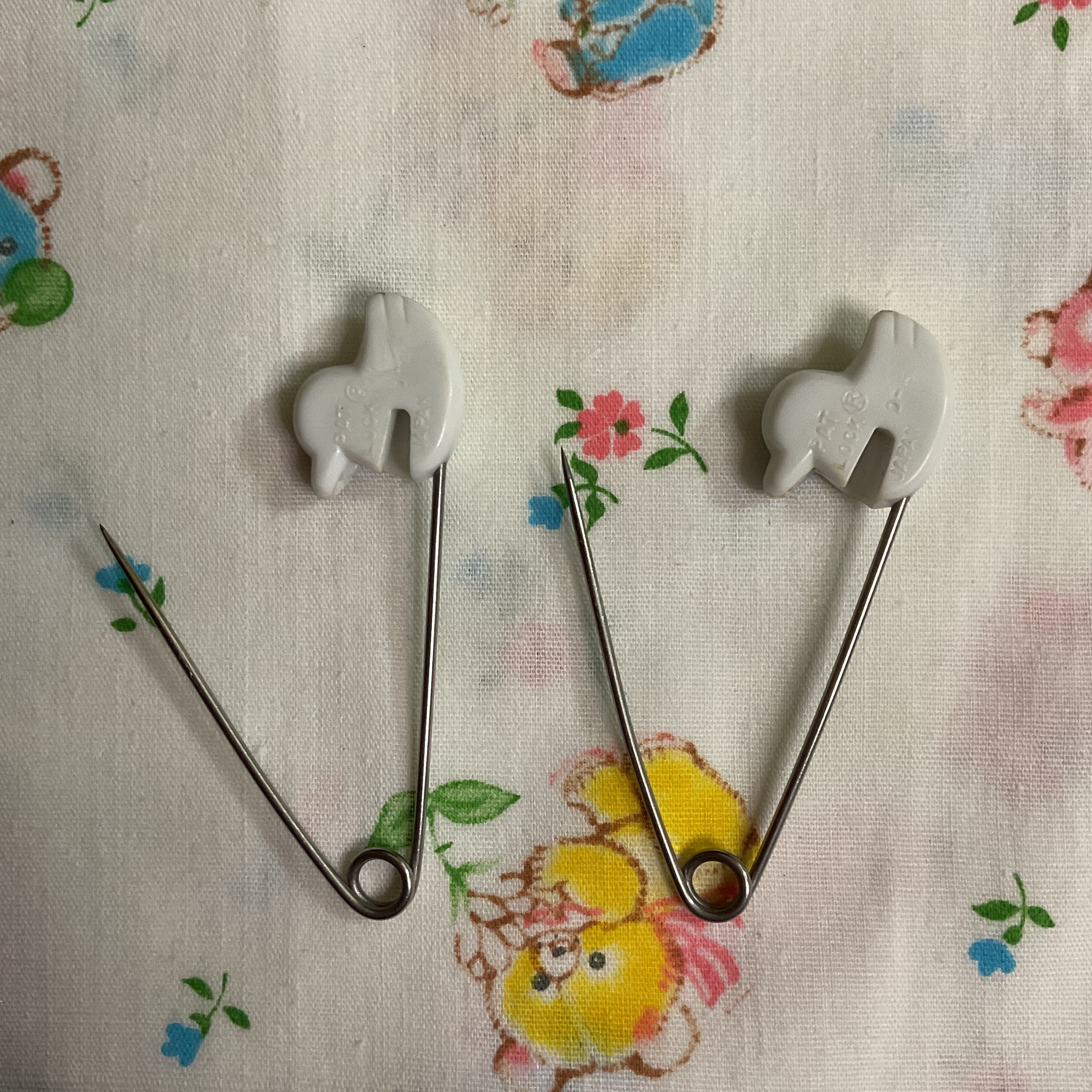 2 Vintage Baby Diaper Pins White Ducks Japan