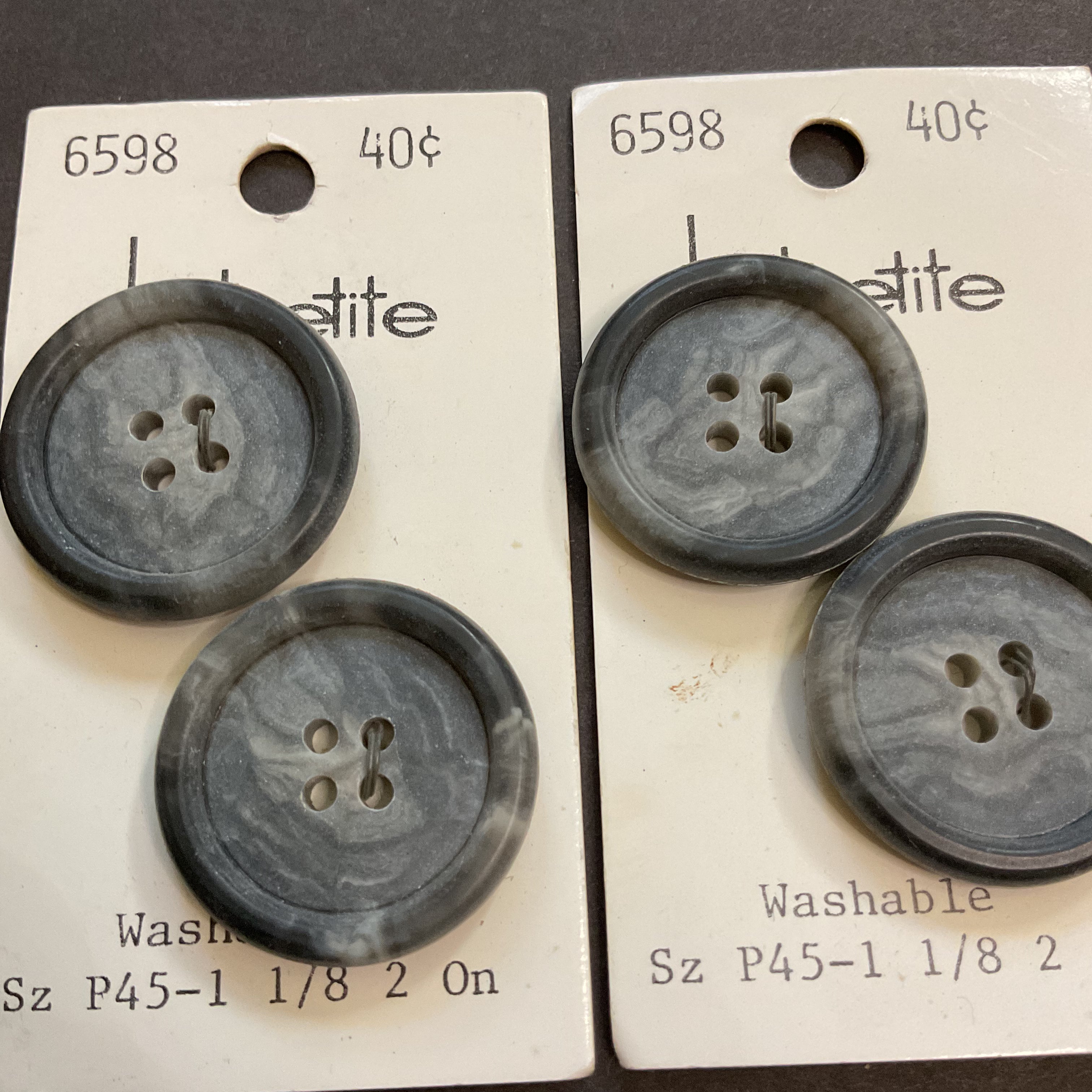 4 Vintage 6598 La Petite 1 1/8 Gray Plastic 4 Hole Buttons 2 on Card
