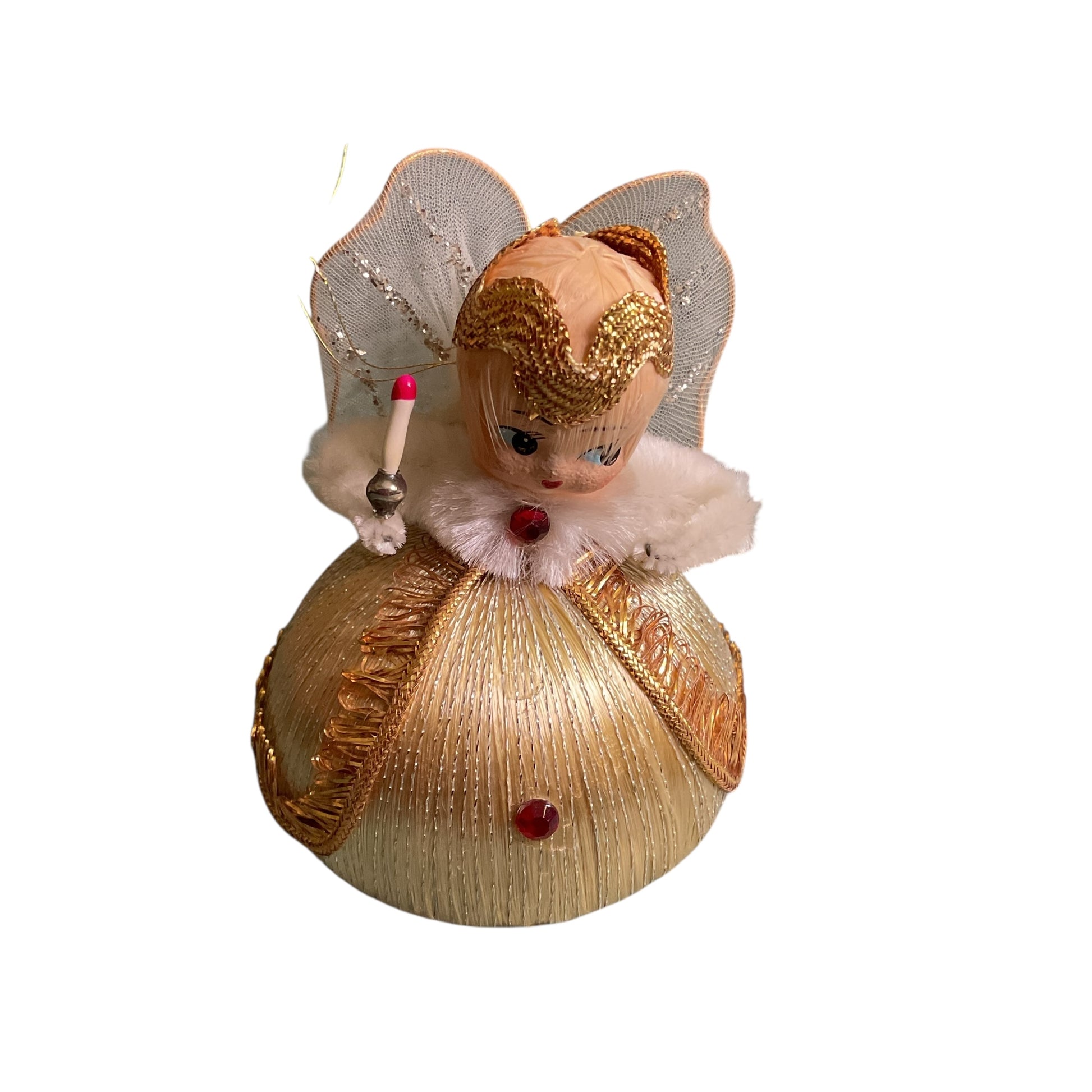 Vintage Christmas Angel Ornament Spun Silk Gold Dress - Avid Vintage
