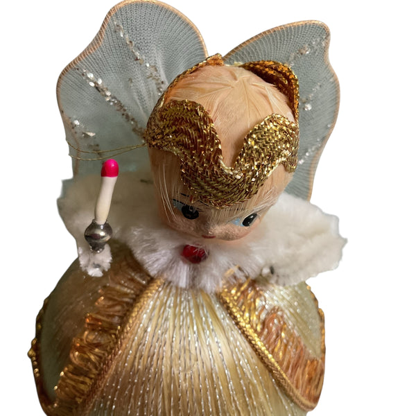 Vintage Christmas Angel Ornament Spun Silk Gold Dress