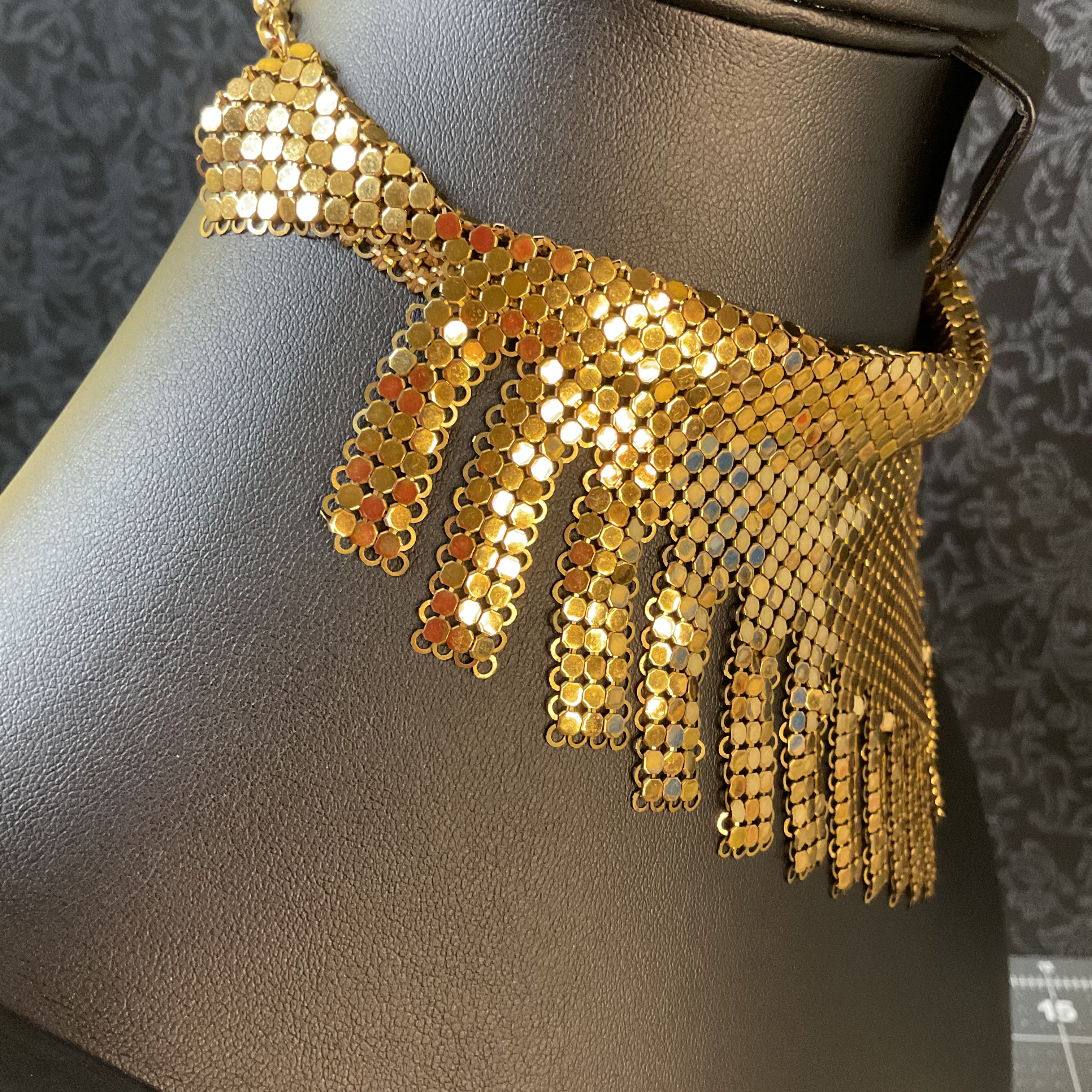 Vintage Whiting and Davis Gold Tone Mesh Bib Necklace 1970s